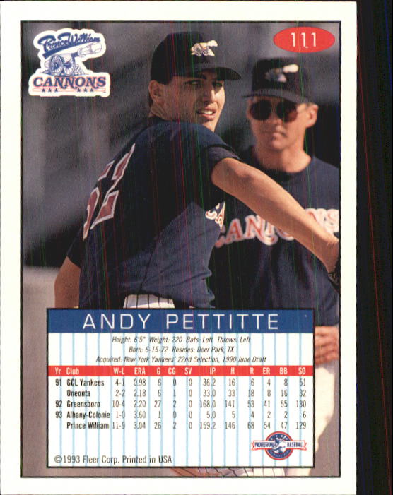 1993-94 Excel #111 Andy Pettitte back image