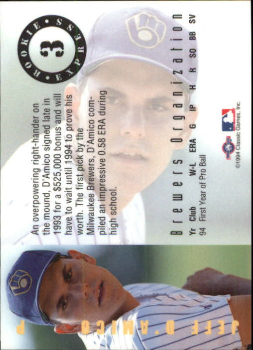 1994 Classic/Best Gold Rookie Express #RE3 Jeff D'Amico back image