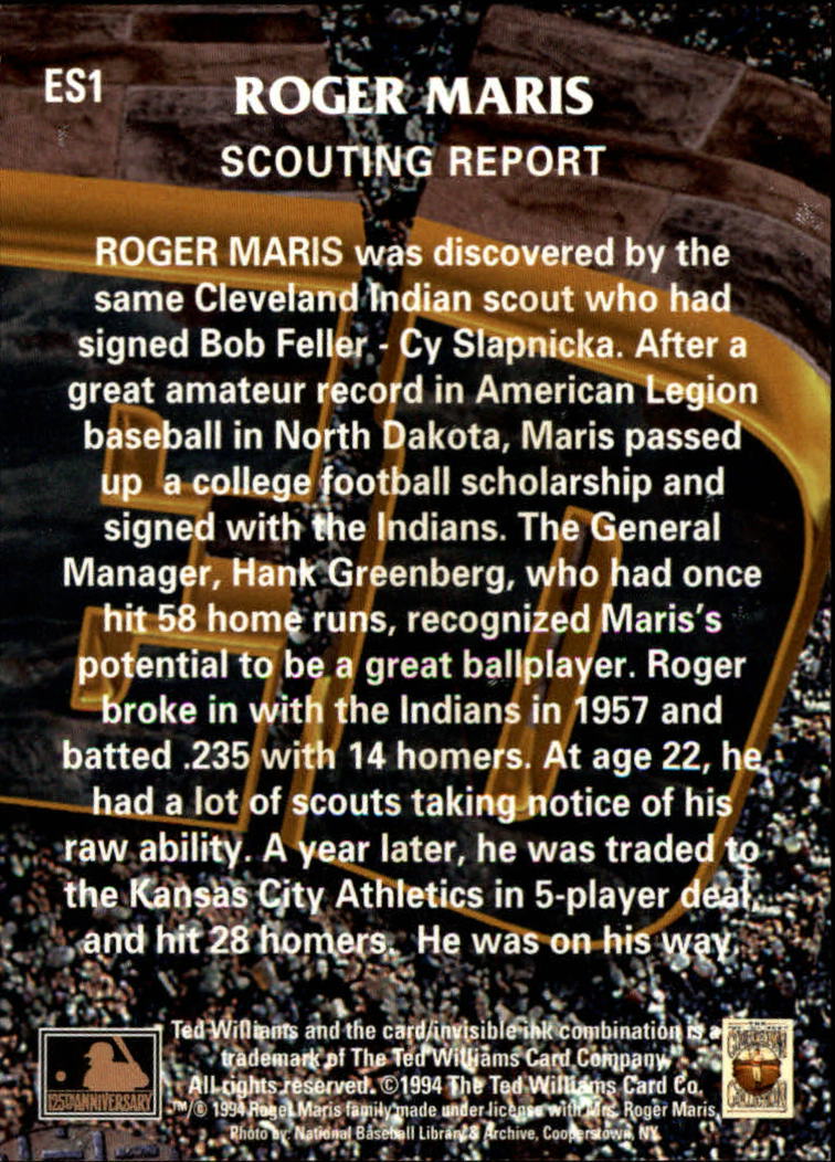 1994 Ted Williams Roger Maris #ES1 Roger Maris/Scouting Report back image
