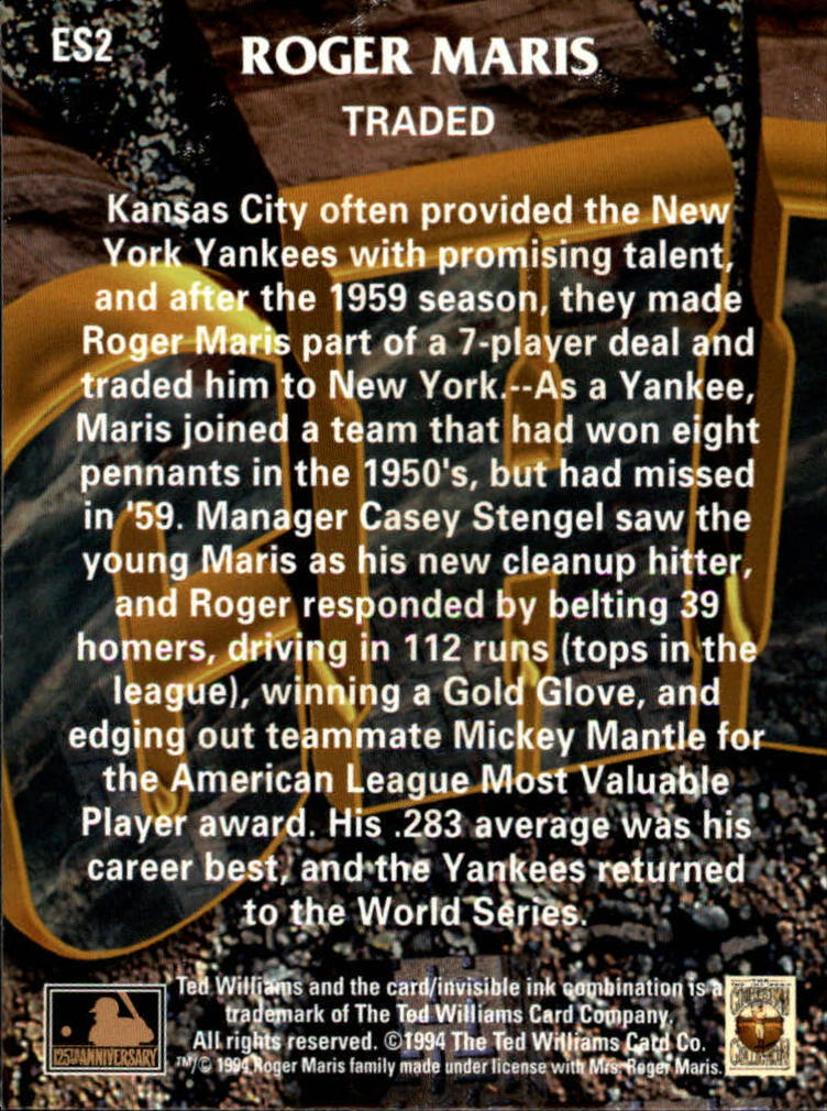 1994 Ted Williams Roger Maris #ES2 Roger Maris/Traded back image