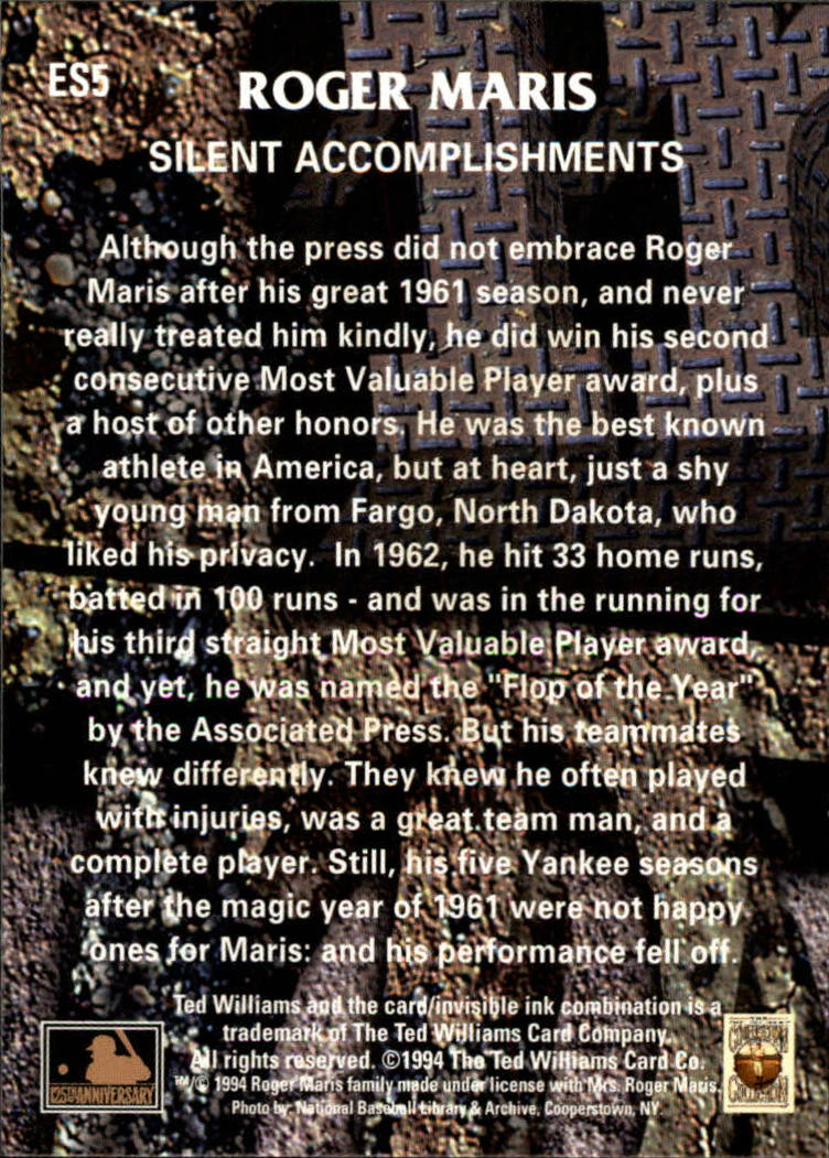 1994 Ted Williams Roger Maris #ES5 Roger Maris/Silent Accomplishments back image