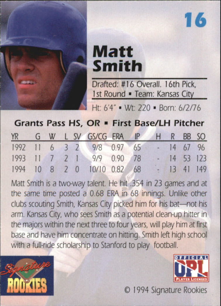 1994 Signature Rookies Draft Picks Signatures #16 Matt Smith back image