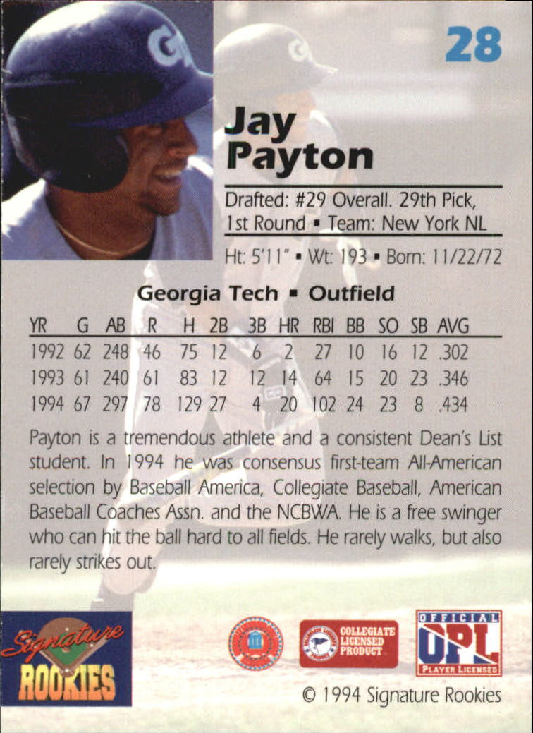 1994 Signature Rookies Draft Picks Signatures #28 Jay Payton back image