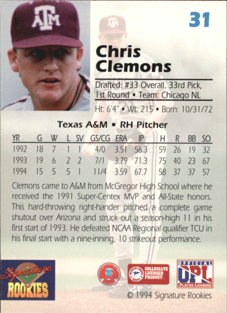 1994 Signature Rookies Draft Picks Signatures #31 Chris Clemons back image
