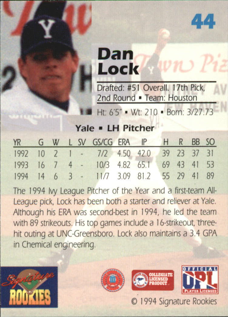 1994 Signature Rookies Draft Picks Signatures #44 Dan Lock back image