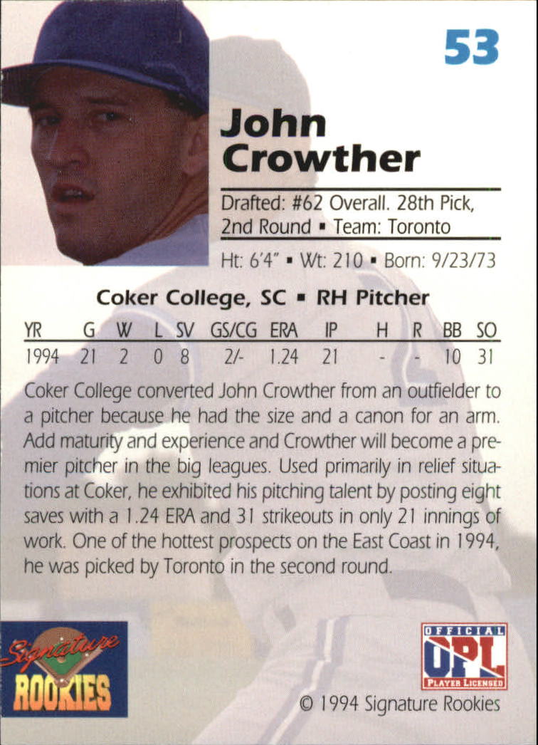 1994 Signature Rookies Draft Picks Signatures #53 John Crowther back image