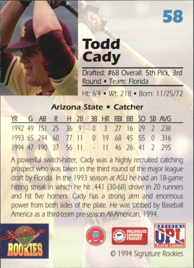 1994 Signature Rookies Draft Picks Signatures #58 Todd Cadey back image