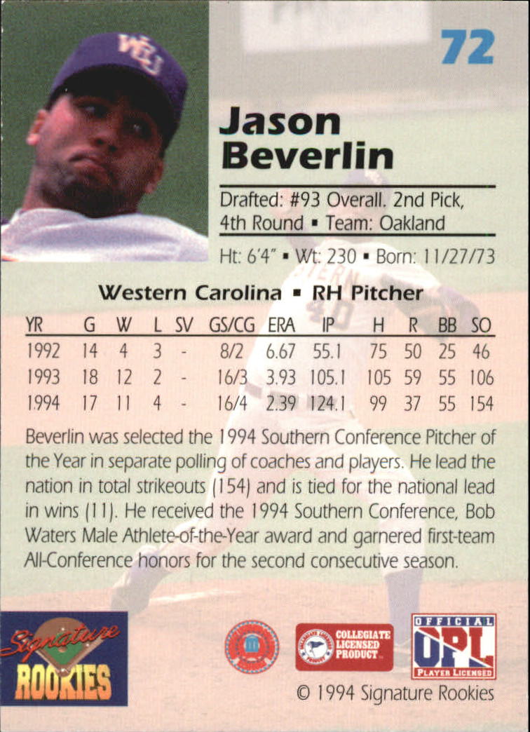 1994 Signature Rookies Draft Picks Signatures #72 Jason Beverlin back image