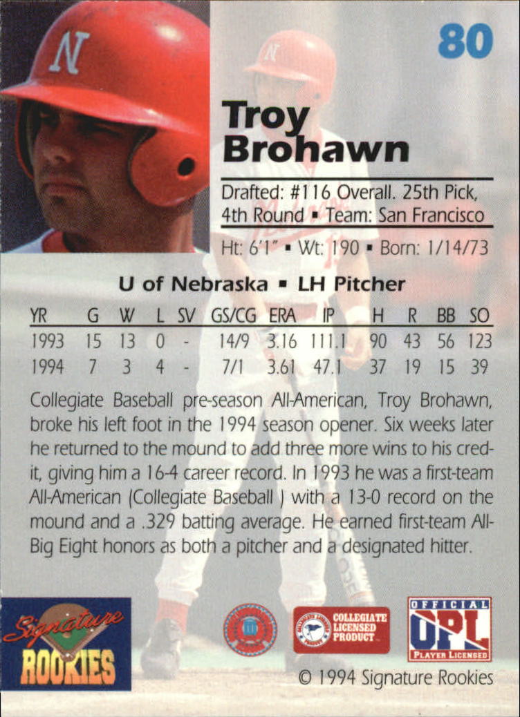 1994 Signature Rookies Draft Picks Signatures #80 Troy Brohawn back image