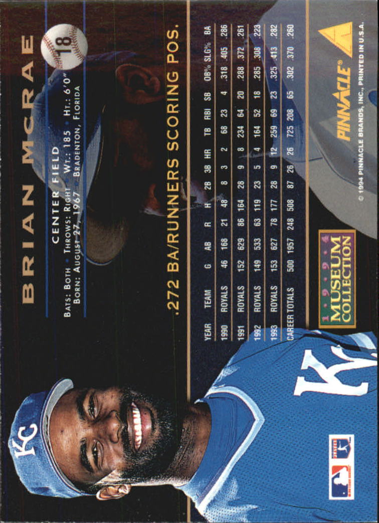 1994 Pinnacle Museum Collection #18 Brian McRae back image