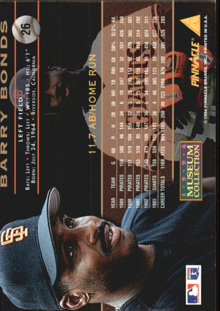 1994 Pinnacle Museum Collection #26 Barry Bonds back image
