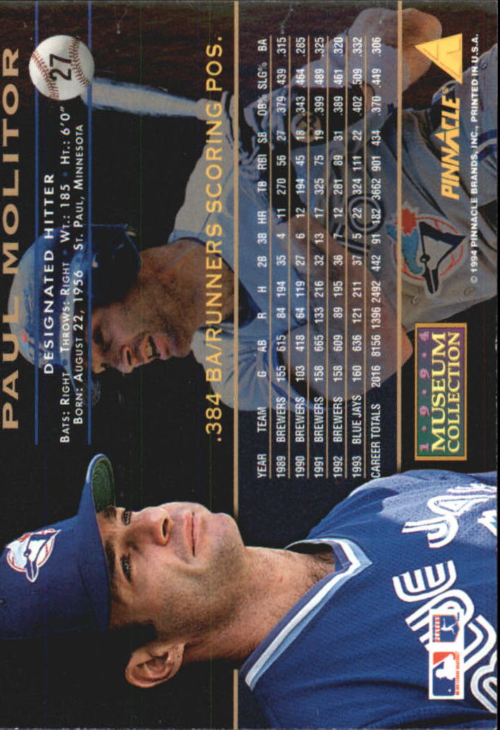 1994 Pinnacle Museum Collection #27 Paul Molitor back image