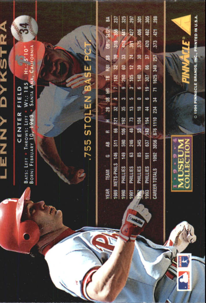1994 Pinnacle Museum Collection #34 Lenny Dykstra back image