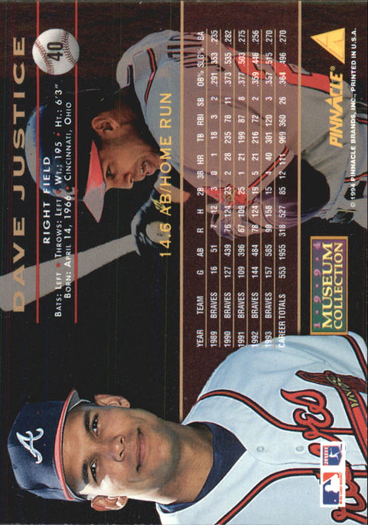 1994 Pinnacle Museum Collection #40 David Justice back image