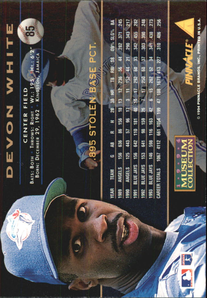 1994 Pinnacle Museum Collection #85 Devon White back image