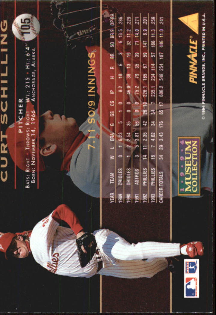 1994 Pinnacle Museum Collection #105 Curt Schilling back image