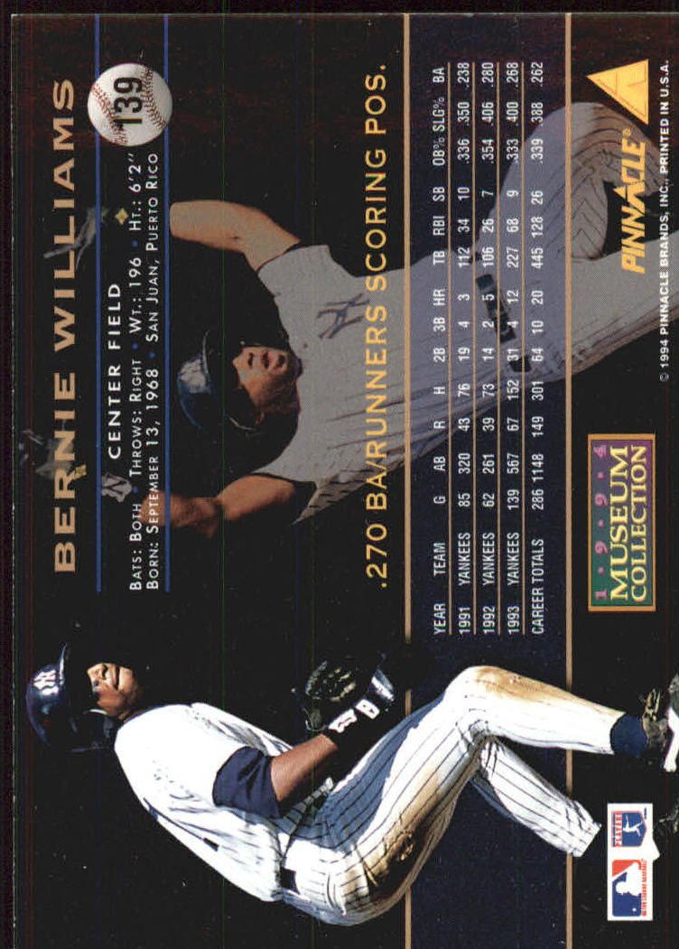 1994 Pinnacle Museum Collection #139 Bernie Williams back image