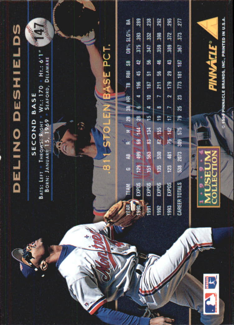 1994 Pinnacle Museum Collection #147 Delino DeShields back image