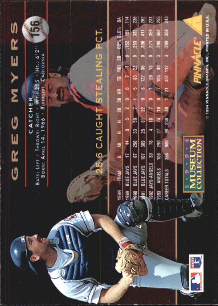1994 Pinnacle Museum Collection #156 Greg Myers back image