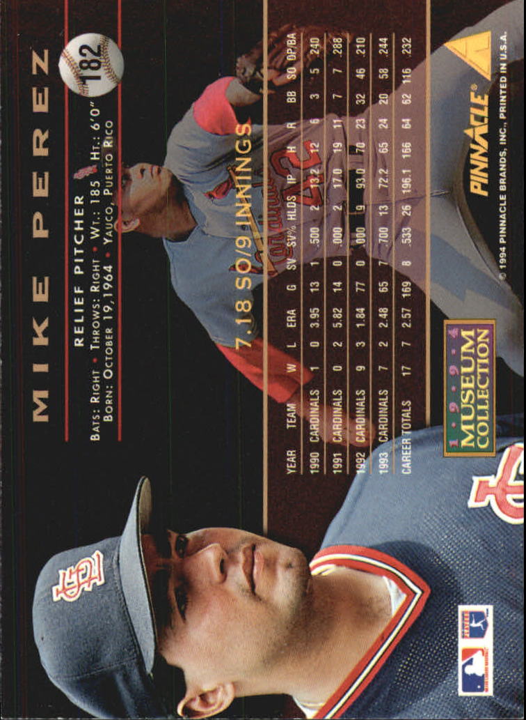 1994 Pinnacle Museum Collection #182 Mike Perez back image