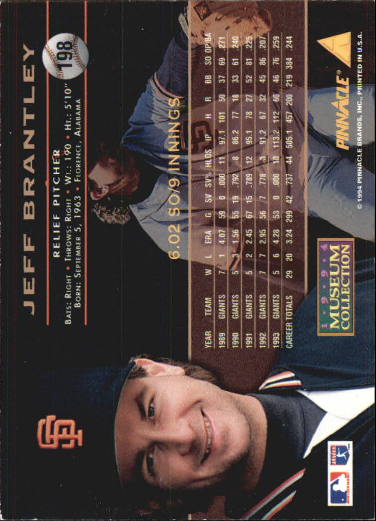 1994 Pinnacle Museum Collection #198 Jeff Brantley back image