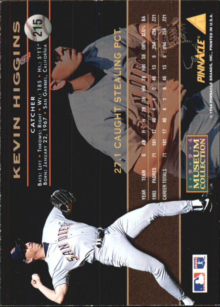 1994 Pinnacle Museum Collection #215 Kevin Higgins back image