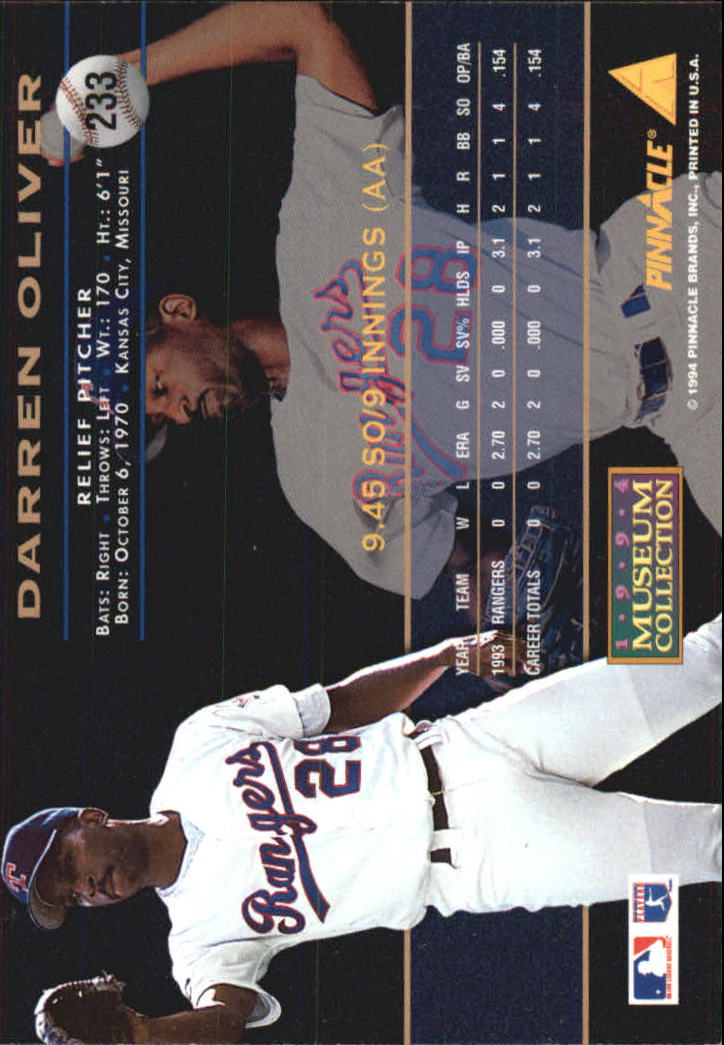 1994 Pinnacle Museum Collection #233 Darren Oliver back image