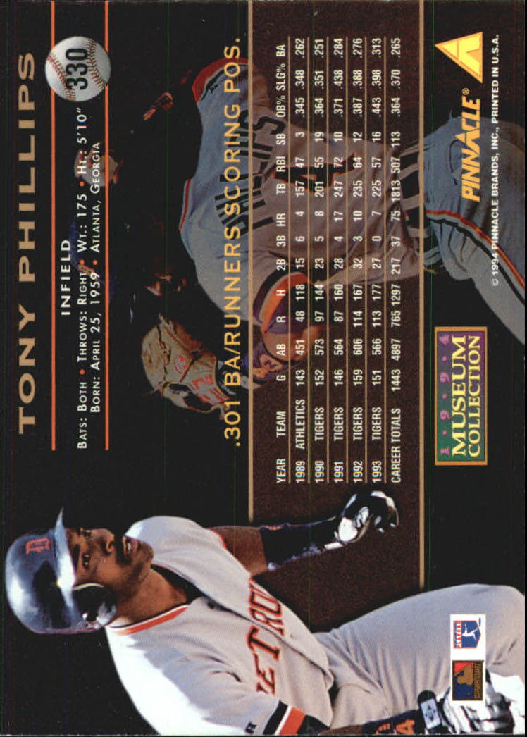 1994 Pinnacle Museum Collection #330 Tony Phillips back image