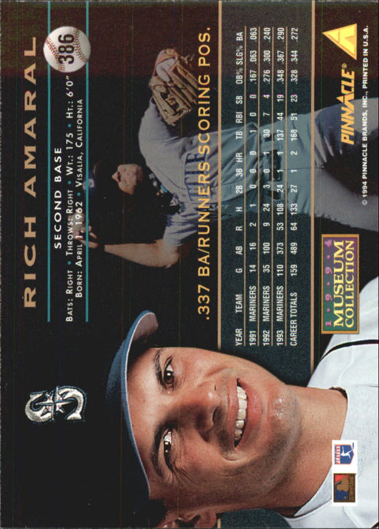 1994 Pinnacle Museum Collection #386 Rich Amaral back image