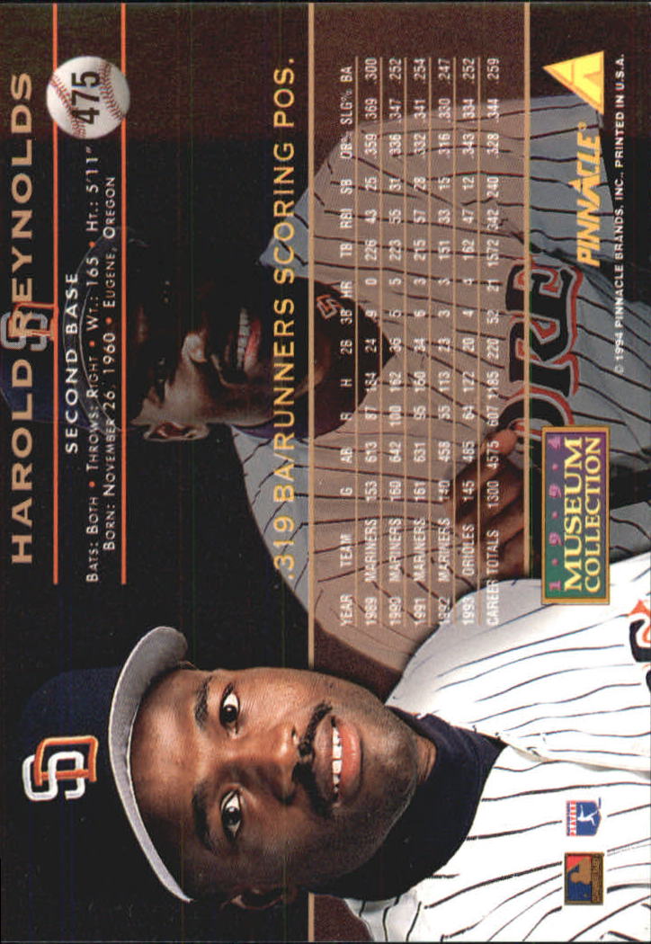 1994 Pinnacle Museum Collection #475 Harold Reynolds back image