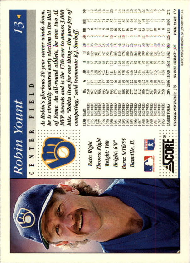 1994 Score #13 Robin Yount back image