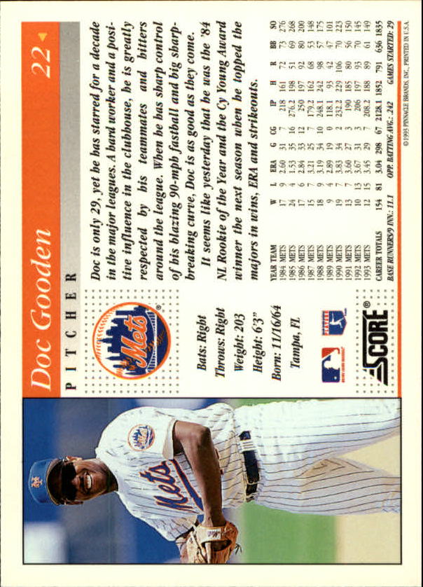 1994 Score #22 Dwight Gooden back image