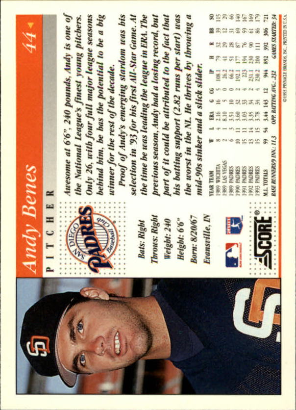 1994 Score #44 Andy Benes back image