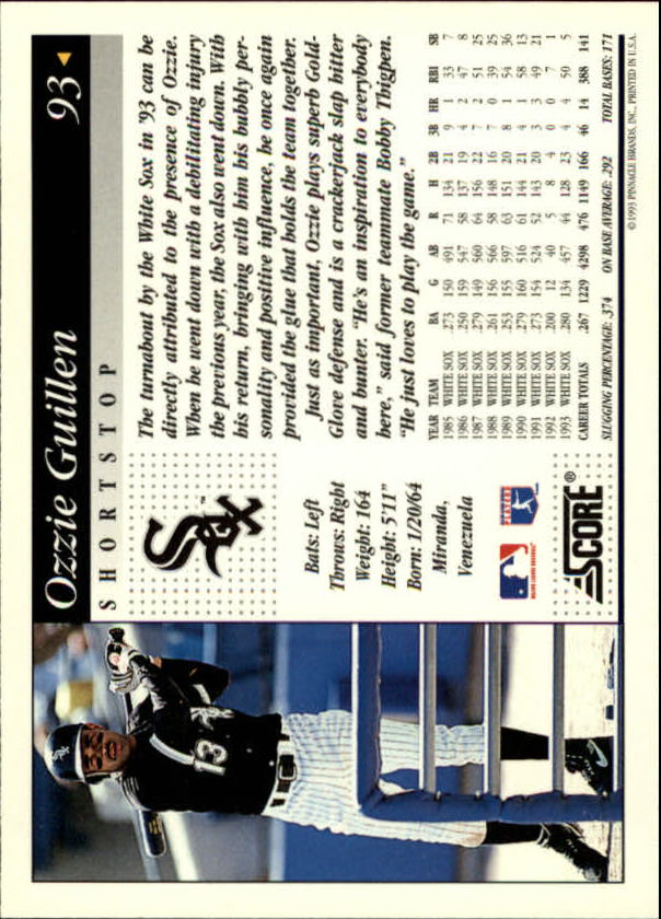 1994 Score #93 Ozzie Guillen back image