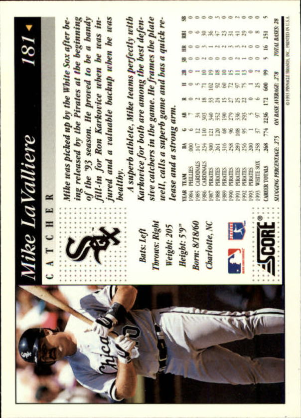 1994 Score #181 Mike LaValliere back image