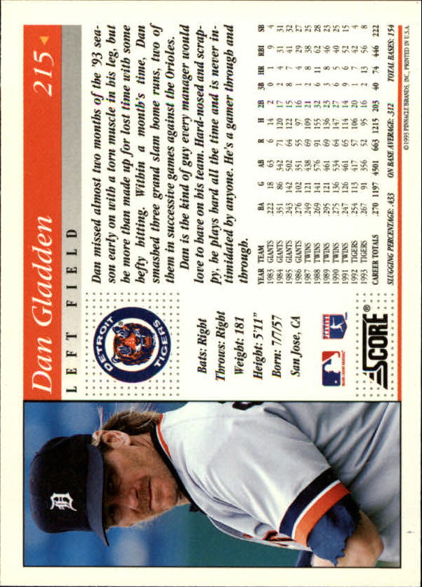 1994 Score #215 Dan Gladden back image