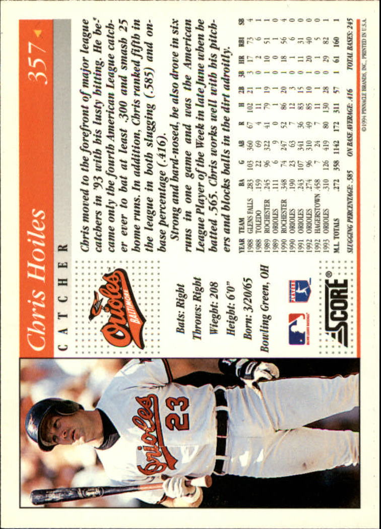 1994 Score #357 Chris Hoiles back image
