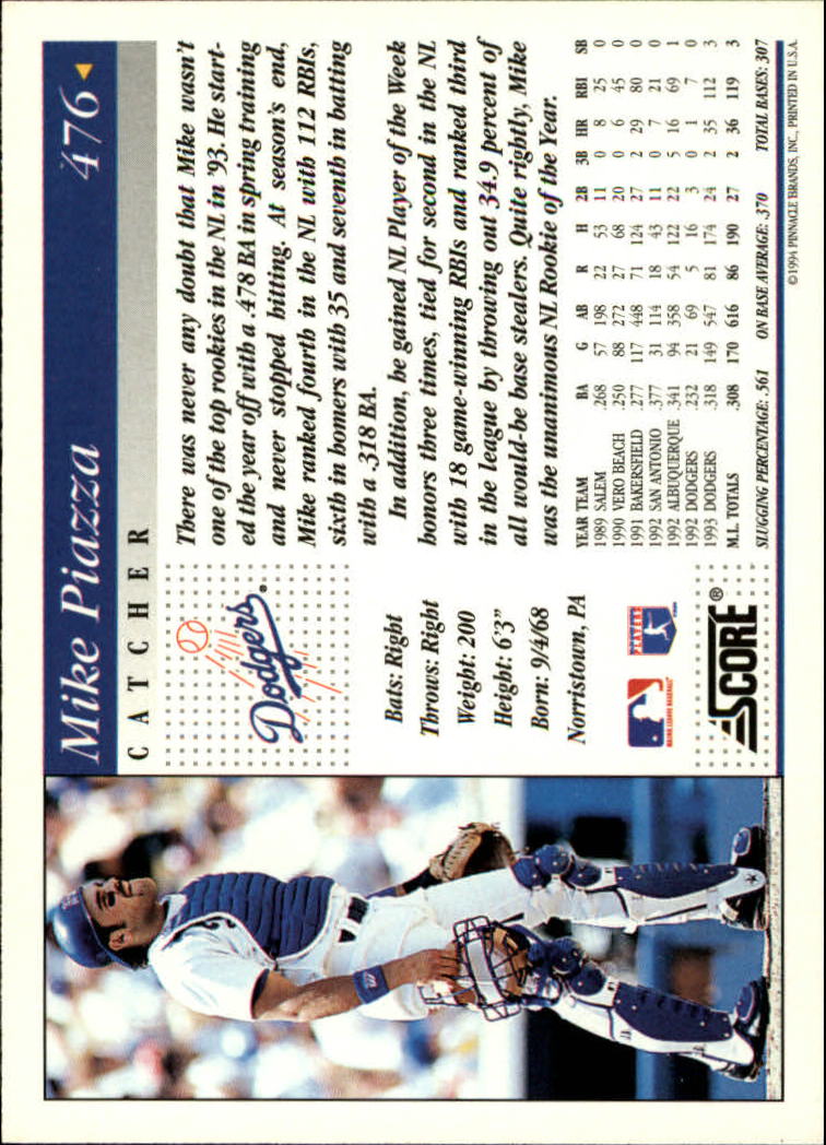 1994 Score #476 Mike Piazza back image