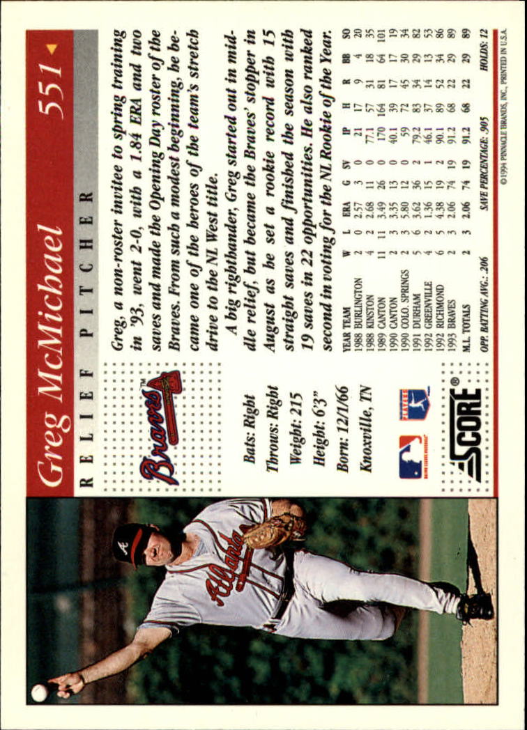 1994 Score #551 Greg McMichael back image