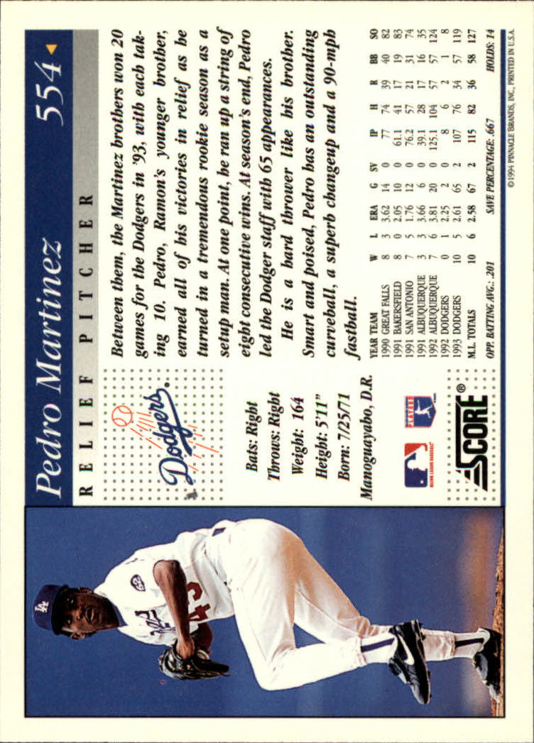 1994 Score #554 Pedro Martinez back image