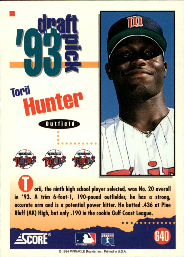 1994 Score #640 Torii Hunter RC back image