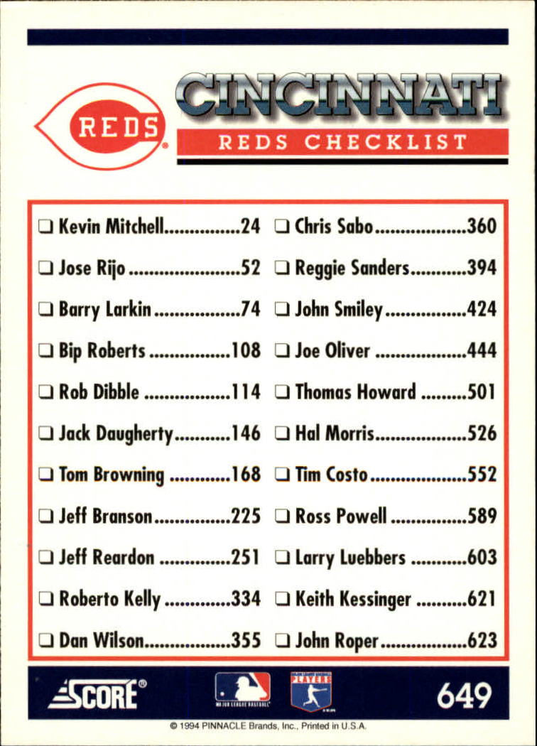 1994 Score #649 Checklist/Cincinnati Reds back image