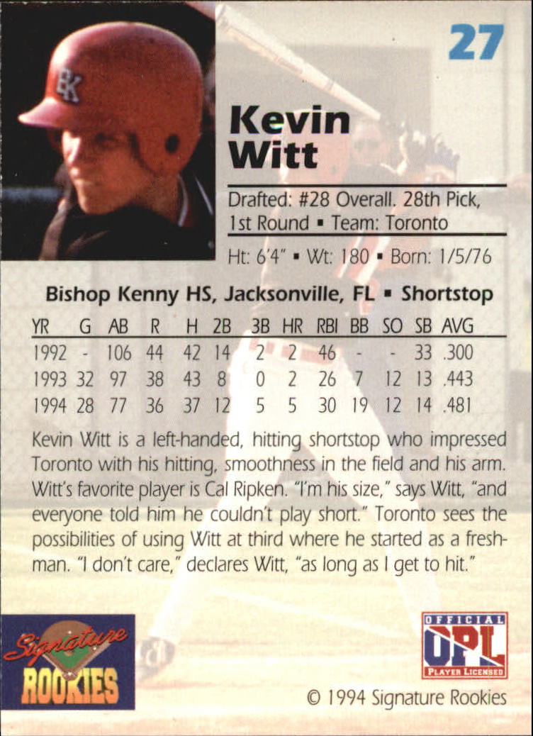 1994 Signature Rookies Draft Picks #27 Kevin Witt back image