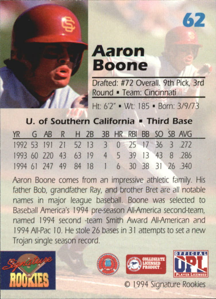 1994 Signature Rookies Draft Picks #62 Aaron Boone back image