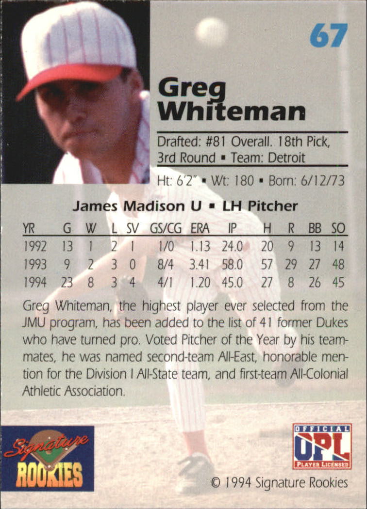 1994 Signature Rookies Draft Picks #67 Greg Whiteman back image