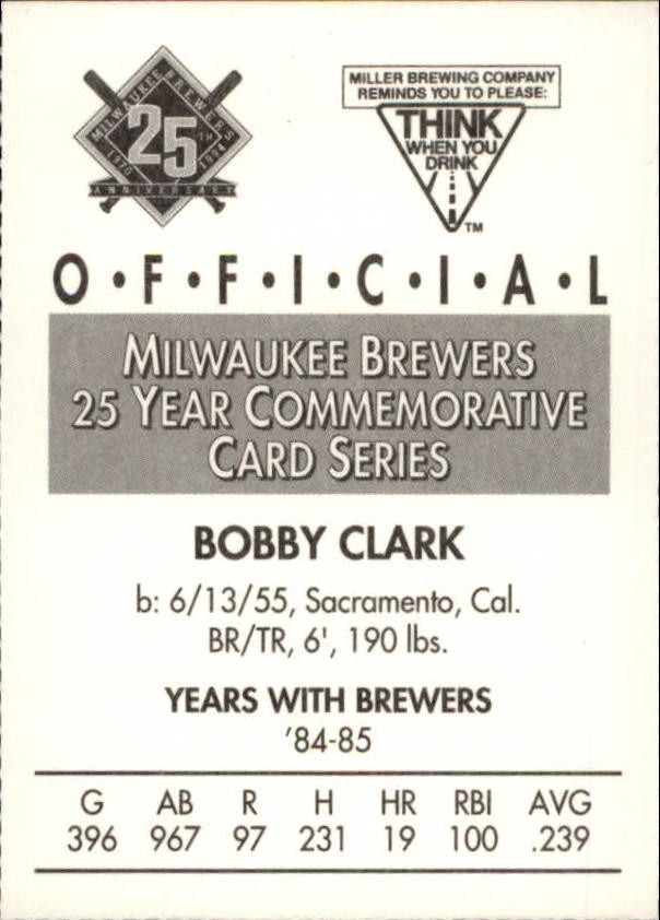 1994 Brewers Miller Brewing #299 Bobby Clark/Player's hat touches border back image