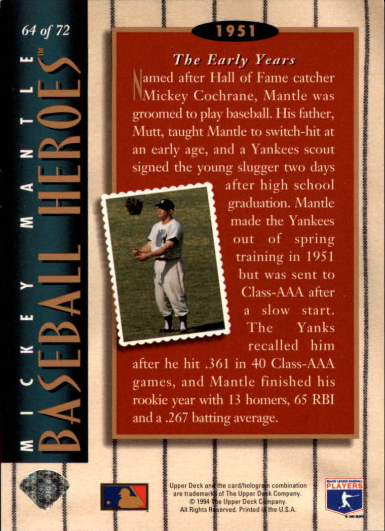 1994 Upper Deck Mantle Heroes #64 Mickey Mantle/1951 The Early Years back image
