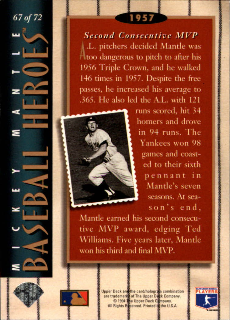 1994 Upper Deck Mantle Heroes #67 Mickey Mantle/1957 Second Consecutive/MVP back image
