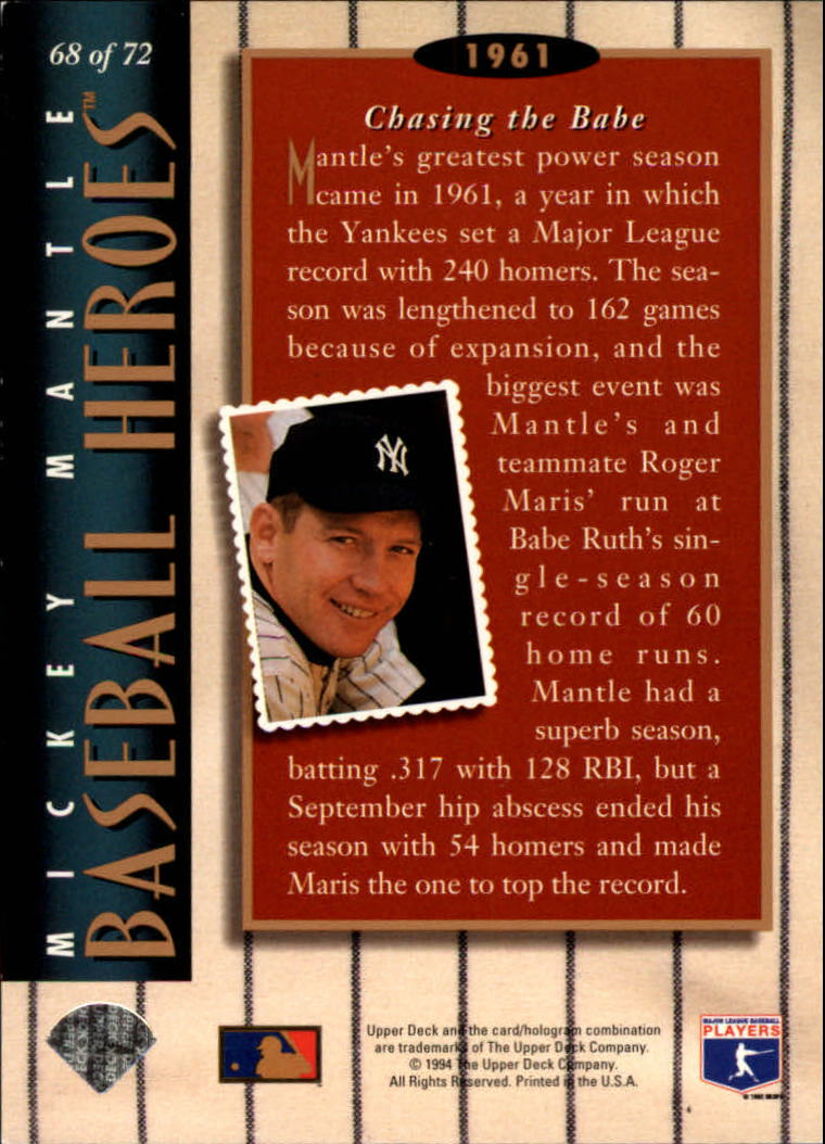 1994 Upper Deck Mantle Heroes #68 Mickey Mantle/1961 Chasing the Babe back image