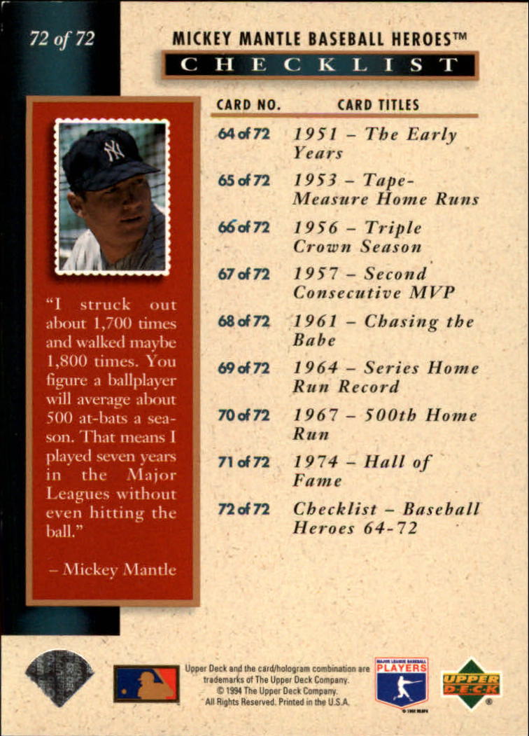 1994 Upper Deck Mantle Heroes #72 Mickey Mantle/Checklist back image